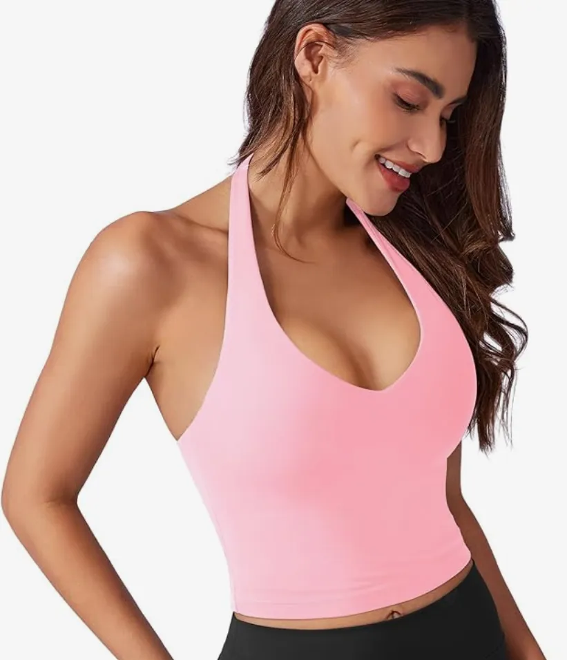 VOYJOY Women Halter Crop Top Padded V Neck